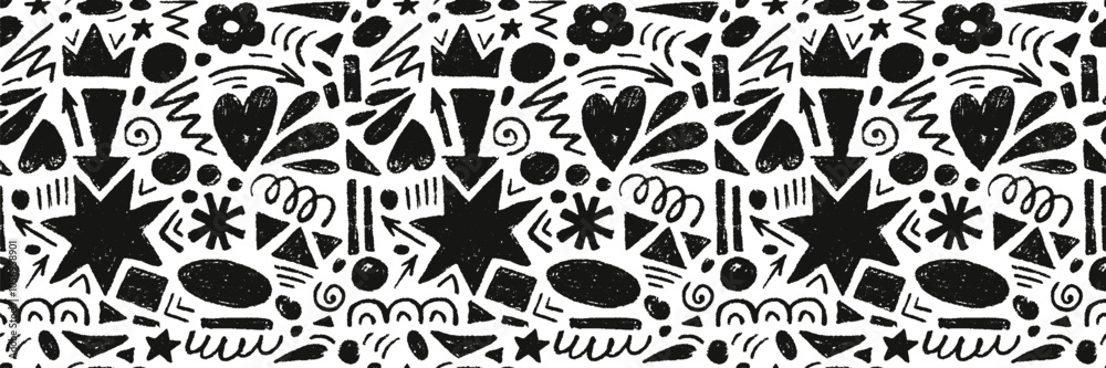 Hand drawn of black charcoal abstract shapes. Vector seamless pattern of contemporary texture figure in doodle style. Design elements perfect for banner, print, decor
