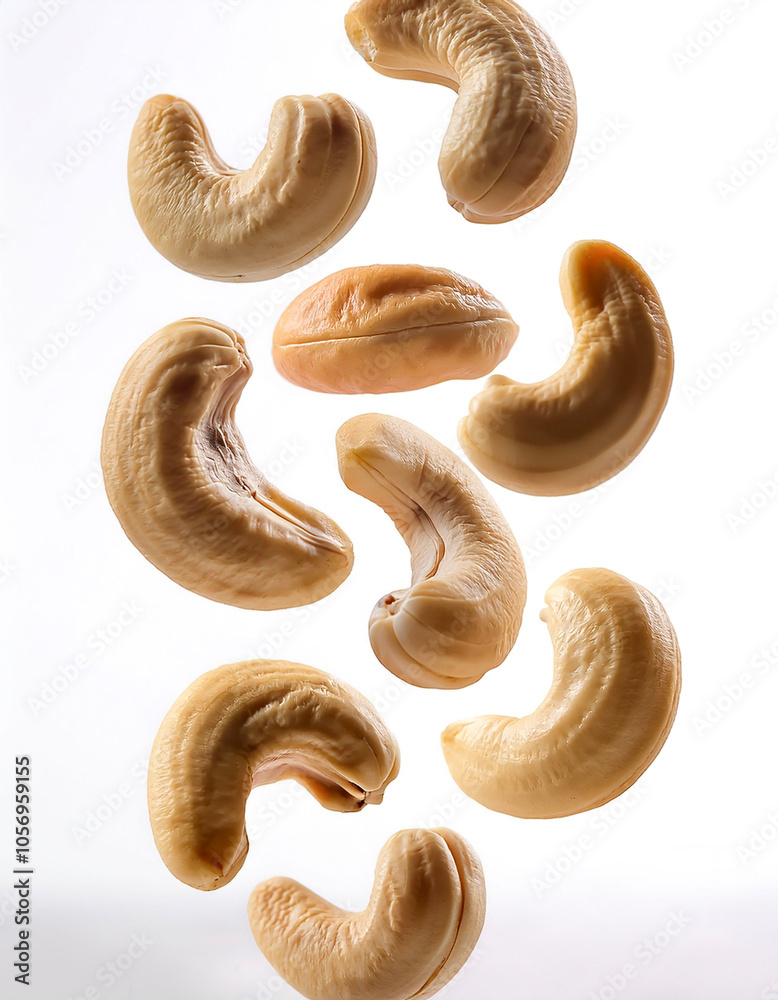 Cashew nut floating or flying isolated white background Cashew nut floating or flying isolated white background