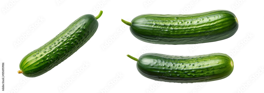 Fresh green cucumbers on a white isolated background.