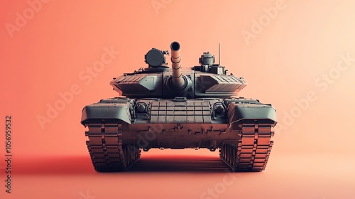 A military tank with a powerful gun is pictured in front of an orange background. photo