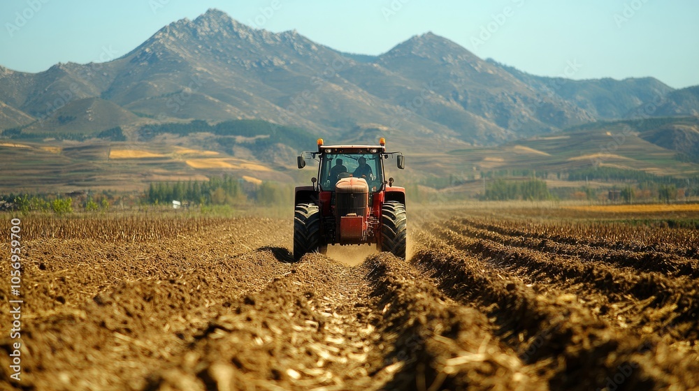 Red Tractor Plowing a Field in a Mountainous Landscape Red Tractor Plowing a Field in a Mountainous Landscape