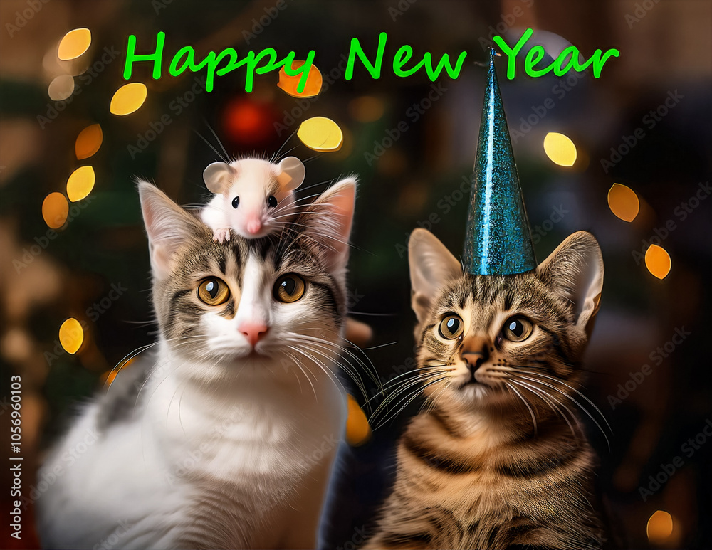 Zwei kleine Katzen mit einer Maus feiern Silvester
