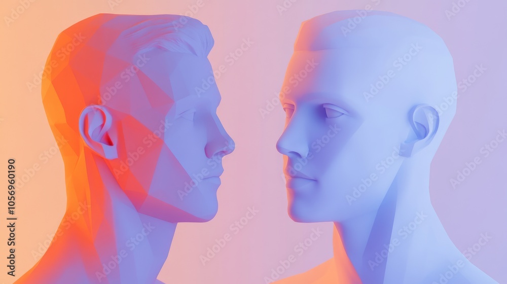 Stylized 3D human heads in contrasting colors, symbolizing connection, duality, and modern artistic expression.