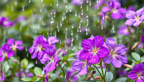 Rain falling on purple geranium flowers in garden isolated with white shades, png