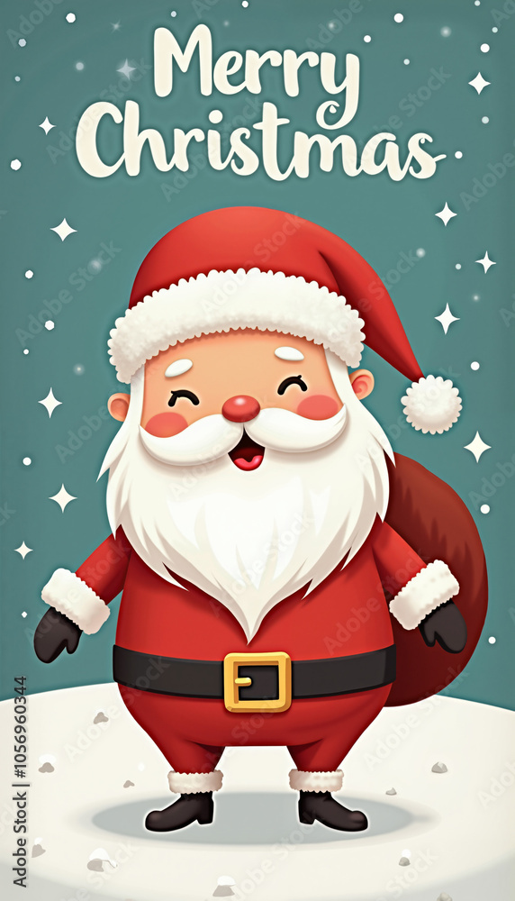 A cheerful cartoon Santa Claus stands against a teal background with falling snowflakes. He is holding a sack of presents and smiling. The image is festive and joyful with bright colors and a cartoon A cheerful cartoon Santa Claus stands against a teal background with falling snowflakes. He is holding a sack of presents and smiling. The image is festive and joyful with bright colors and a cartoon