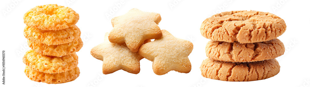 Cornflake buttery cookies with a golden-brown crust and Spritz cookies isolated on white transparent background. Close-up shot, showcasing texture and richness Cornflake buttery cookies with a golden-brown crust and Spritz cookies isolated on white transparent background. Close-up shot, showcasing texture and richness