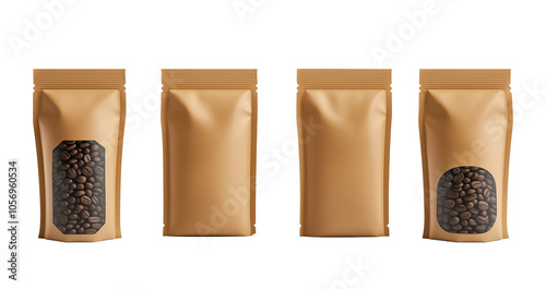 Set of Blank label Paper bag and coffee cup to go, take away mockup isolated on PNG transparent background.
 Generative aI  photo