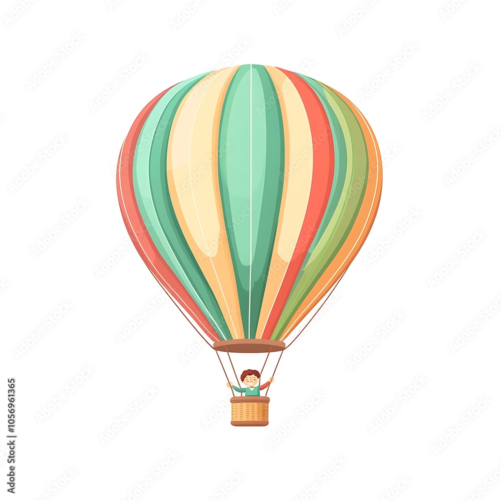 Naklejka premium A cartoon hot air balloon with a colorful design and a cheerful passenger on a white background.