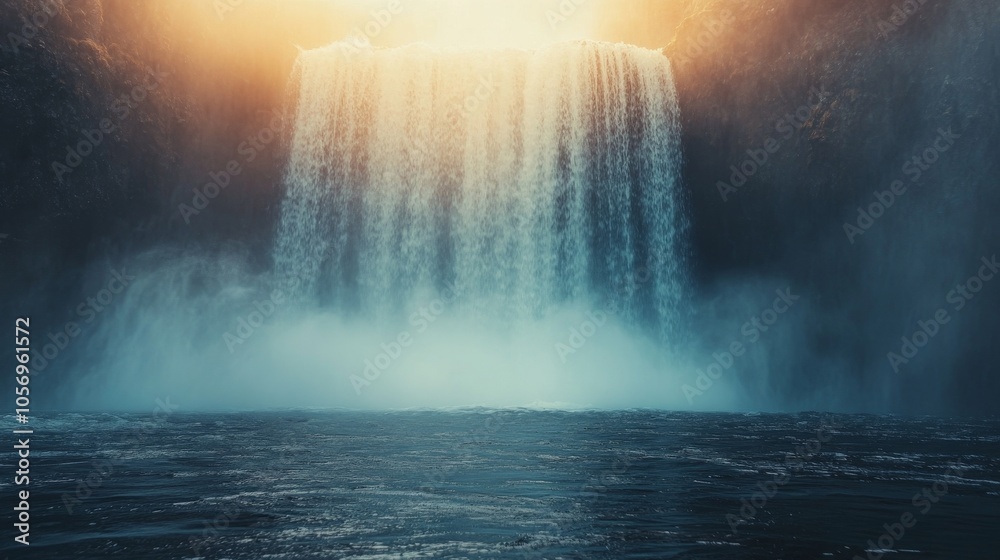 A Majestic Waterfall Plunges into a Misty Pool at Sunset A Majestic Waterfall Plunges into a Misty Pool at Sunset