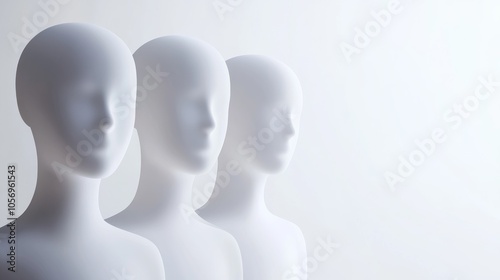 Three white mannequins display a minimalist and modern aesthetic, ideal for fashion, retail, or design concepts.