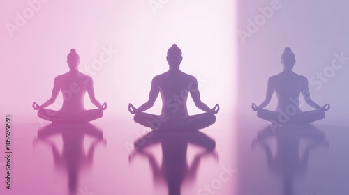 Tranquil silhouettes meditating in a serene environment, embodying peace and mindfulness amidst soothing colorful hues.