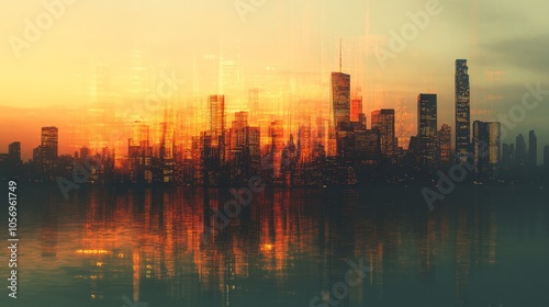 Cityscape Silhouette Reflected in Water at Sunset with Digital Overlay