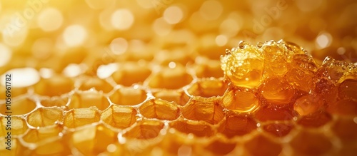 Close-up of golden honeycomb with a drop of honey.