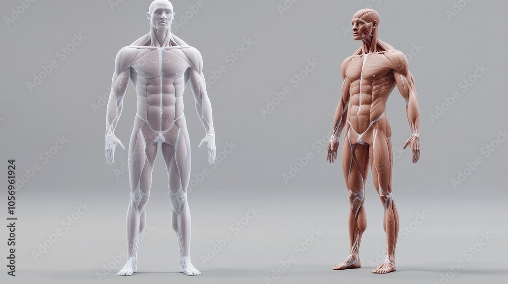 Two anatomical models side by side, showcasing human anatomy in a modern art style. Ideal for educational or artistic purposes. Two anatomical models side by side, showcasing human anatomy in a modern art style. Ideal for educational or artistic purposes.
