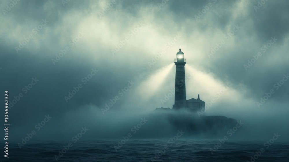 Lighthouse Beam Piercing Through Fog Over the Ocean Lighthouse Beam Piercing Through Fog Over the Ocean