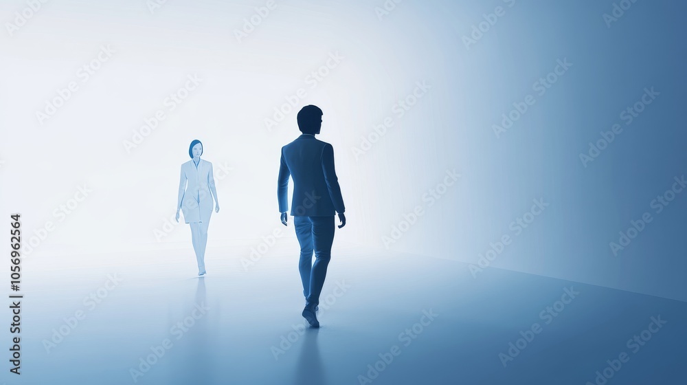 Two figures walking towards each other in a misty environment, symbolizing connection and communication in a serene atmosphere. Two figures walking towards each other in a misty environment, symbolizing connection and communication in a serene atmosphere.