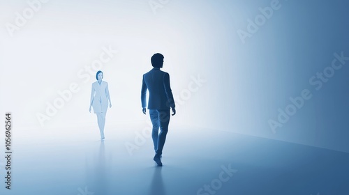 Two figures walking towards each other in a misty environment, symbolizing connection and communication in a serene atmosphere.