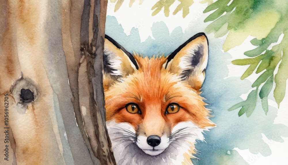 Obraz premium Watercolor illustration of a fox peeking from behind a tree with vibrant colors