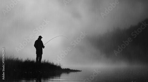 A lone fisherman casts a line in the rain, silhouetted against a misty lake.