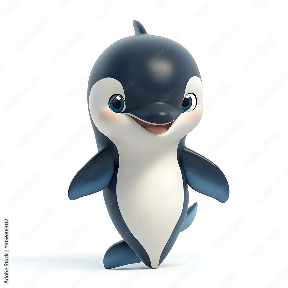 Fototapeta premium Cartoon baby orca with a playful expression on a white background.