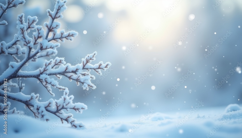 Frosted branch with snowflakes and winter spirit in a soft blue background with copy space Frosted branch with snowflakes and winter spirit in a soft blue background with copy space