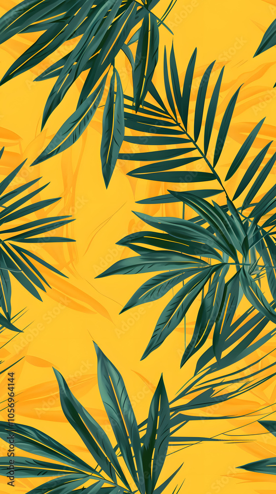 Fototapeta premium Seamless pattern featuring green palm leaves on a sunny yellow background, great for summer and tropical designs. Suitable for naturethemed projects and adding a touch of exotic flair