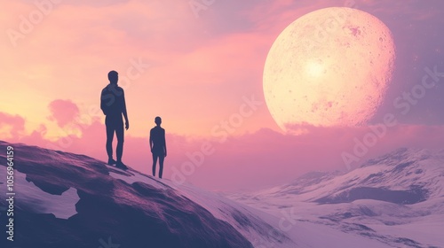 Two silhouettes stand on a rocky surface under a stunning purple sky with a large moon, evoking a sense of wonder and exploration.