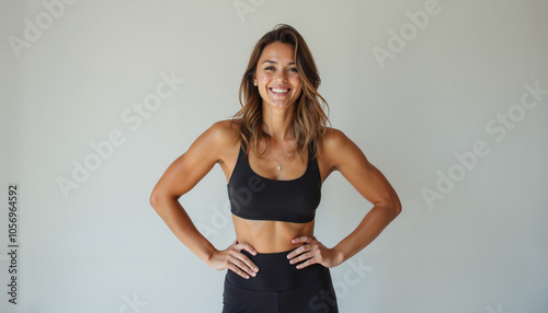 Wallpaper Mural A young woman with long brown hair is smiling and looking at the camera. She is wearing a black sports bra and black leggings. Her hands are on her hips. The background is a light gray wall.  Torontodigital.ca