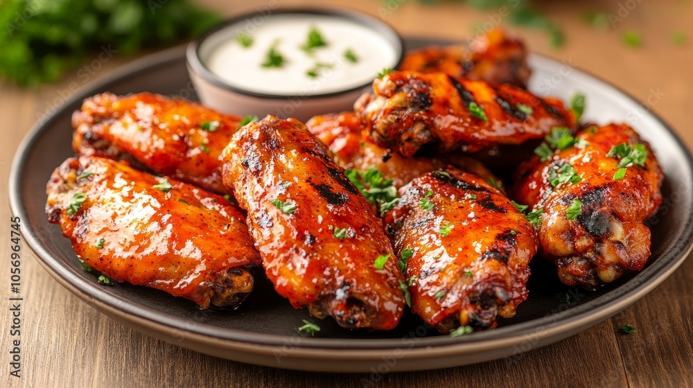 Close-up of Glazed Chicken Wings with Ranch Dressing on a Black Plate Close-up of Glazed Chicken Wings with Ranch Dressing on a Black Plate