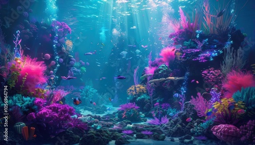 Immerse in a deep-sea adventure through a low-angled lens capturing the clash of vibrant cyberpunk neon hues against murky waters teeming with marine life Merge the unexpected by b