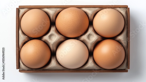 A top view of a carton containing six brown eggs arranged in two rows in an egg tray made from recycled material. photo