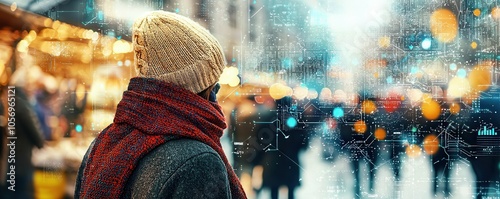 Wallpaper Mural A person in a cozy scarf and hat gazes at a bustling city scene, illuminated by glowing lights and a digital overlay, evoking a blend of warmth and modernity. Torontodigital.ca