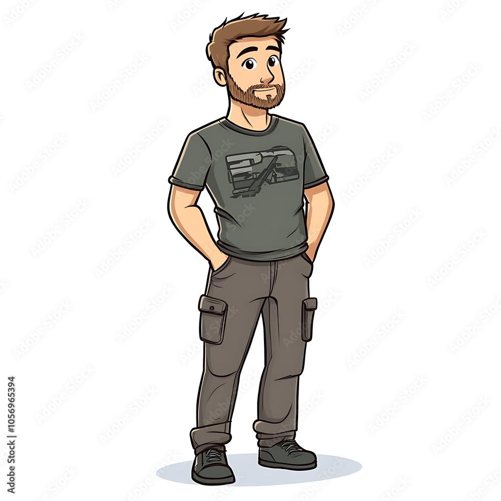 Cartoon guy looking skeptical in a graphic tee and cargo pants on a white background. Cartoon guy looking skeptical in a graphic tee and cargo pants on a white background.