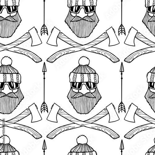 Vector seamless pattern with hand drawn lumberjack portrait and crossed axes. Cute characters, beautiful design elements. Perfect for prints and patterns