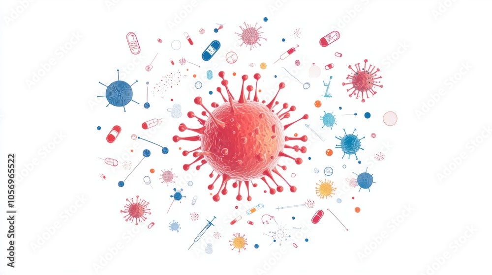 Lymphocyte surrounded by biomedical icons, symbolizing immunology and research, isolated on white Lymphocyte surrounded by biomedical icons, symbolizing immunology and research, isolated on white