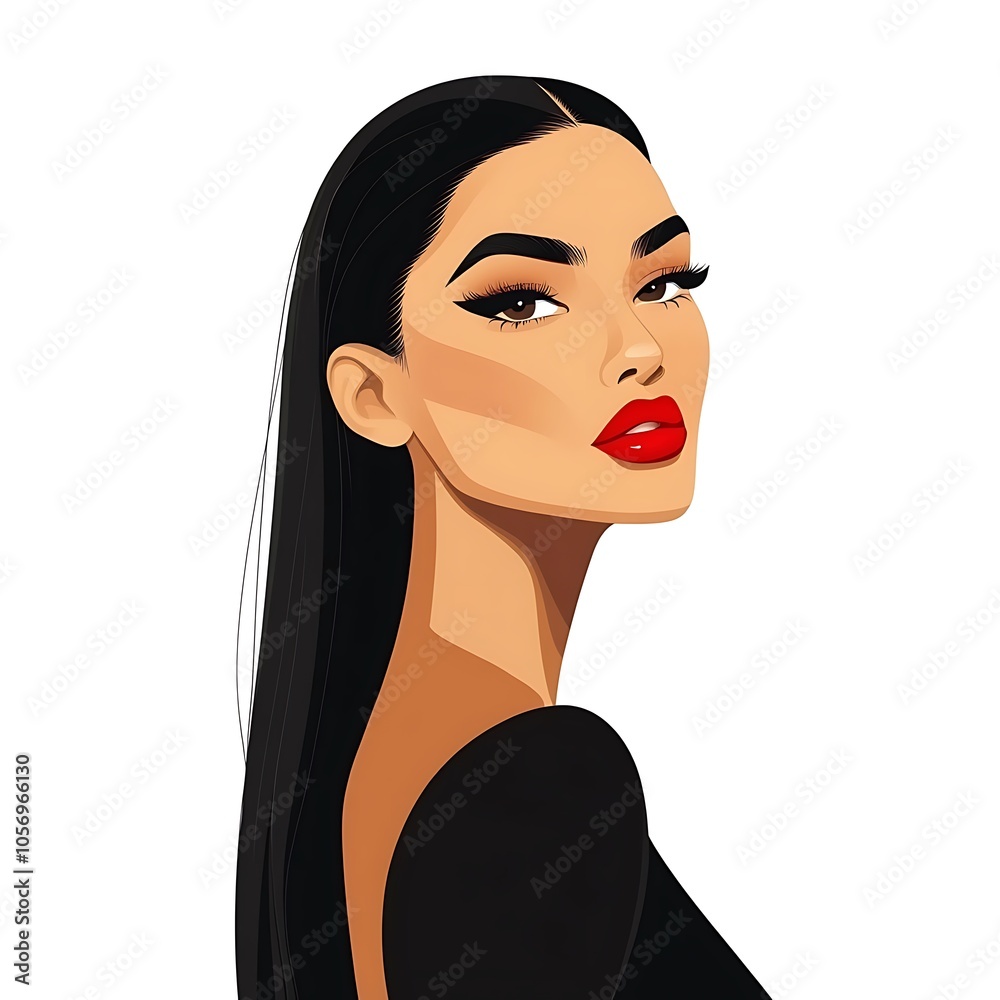 Cartoon confident woman with red lipstick and sleek, straight hair on a white background. Cartoon confident woman with red lipstick and sleek, straight hair on a white background.