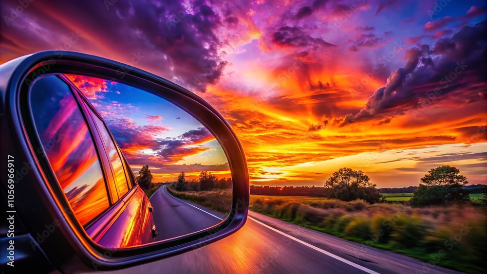 Surreal Sunset Reflection in Side Car Mirror - Dreamy Landscape, Automotive Beauty, Nature's Canvas, Vivid Colors, Evening Glow, Surrealism, Abstract Photography, Automotive Art Surreal Sunset Reflection in Side Car Mirror - Dreamy Landscape, Automotive Beauty, Nature's Canvas, Vivid Colors, Evening Glow, Surrealism, Abstract Photography, Automotive Art