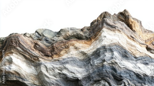 Mountain rock layers with ripple and wave patterns, showing earth ancient history, isolated on white