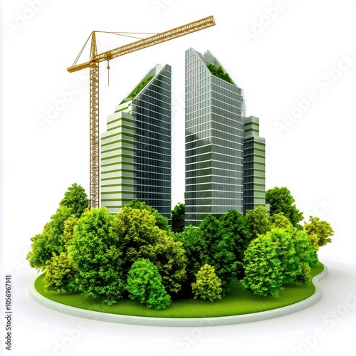 Energy-efficient buildings: Modern skyscrapers under construction surrounded by lush greenery, showcasing a blend of nature and urban development.