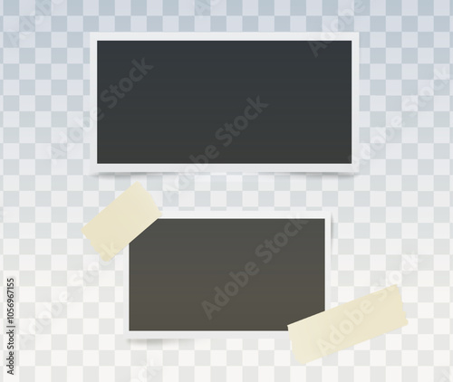 Vector blank photo frames with adhesive tape isolated on transparent background. Template mockup photo design. Torn pieces of masking tape