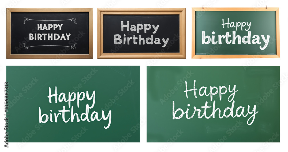 Set of chalk boards with Happy Birthday text with hand-drawn ornaments isolated on white background. Set of chalk boards with Happy Birthday text with hand-drawn ornaments isolated on white background.