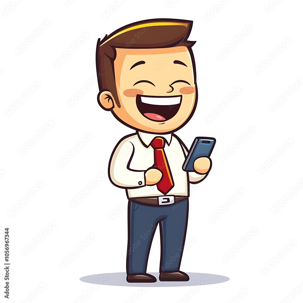 Cartoon employee laughing with eyes closed, holding a phone on a white background. Cartoon employee laughing with eyes closed, holding a phone on a white background.