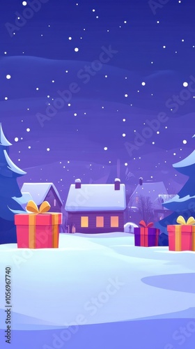 Wallpaper Mural Cozy Winter Wonderland - Snowy Night Scene with Houses and Gifts Torontodigital.ca