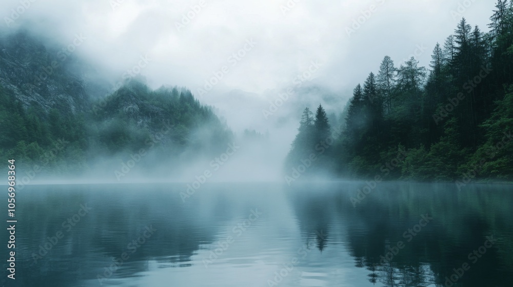 Misty Morning on a Tranquil Lake Surrounded by Lush Evergreen Trees Misty Morning on a Tranquil Lake Surrounded by Lush Evergreen Trees