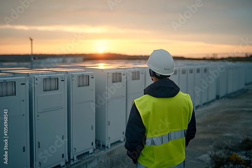 Technician monitoring a large battery array in a renewable energy facility at sunrise sunset