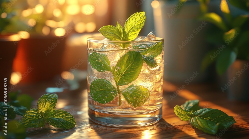 A refreshing mint drink with ice and fresh mint leaves. A refreshing mint drink with ice and fresh mint leaves.