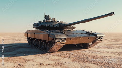 A military tank is parked in a desert. photo