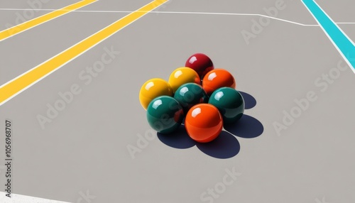 Brightly colored bocce balls arranged in a cluster on a gray court with colorful lines photo