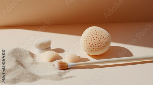 Makeup brushes and sponges displayed on a peach beige background; minimalistic and fresh beauty composition