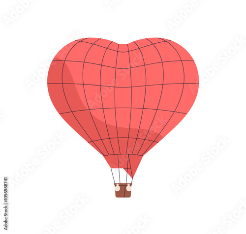 Heart-shaped hot air balloon flying. Romantic travel in red love baloon with basket. Honeymoon and Valentine s Day journey. Aerostat soaring. Flat vector illustration isolated on white background